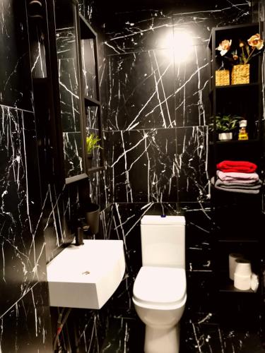 a black and white bathroom with a toilet and a sink at Apartments R9 in Rīga