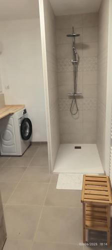 La salle de bains est pourvue d'une douche et d'un four micro-ondes. dans l'établissement Gîte Terre et Mer, 