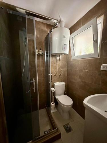 a bathroom with a shower and a toilet and a sink at Kruna Palića in Palić