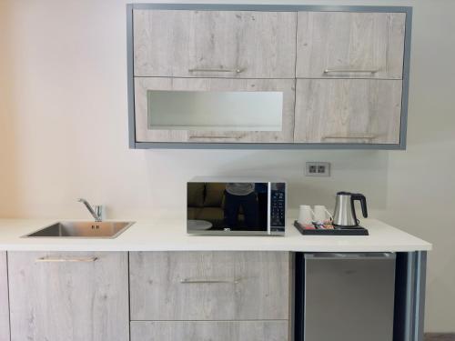a kitchen with a counter with a microwave and a sink at Orange Grove Guest House in Gaborone