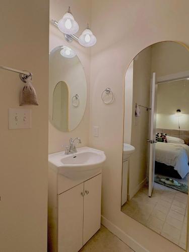 a bathroom with a sink and a mirror at Sattva Home in Charlottesville