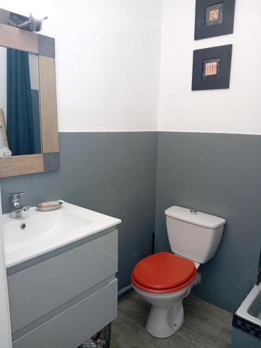 une salle de bain avec des toilettes rouges et un lavabo dans l'établissement vue meŕ, à Marseillan