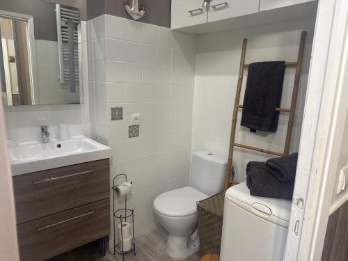 ein kleines Badezimmer mit Toilette und Waschbecken in der Unterkunft Appartement n 79 Moriani plage in Santa-Lucia-di-Moriani