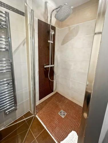 une douche avec une porte vitrée dans une salle de bain dans l'établissement CANNES - à 50m des plages et de la Croisette, à Cannes