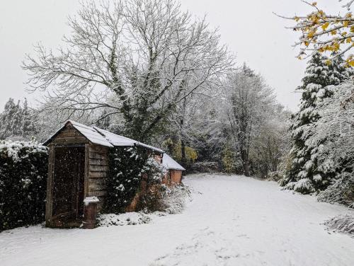 a smallshed covered in snow in a yard at The Piggery, located at the foot of the Malvern's in Mathon