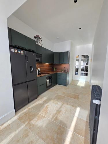 - une cuisine avec des placards verts et un réfrigérateur noir dans l'établissement Villa Rova, à Vichy