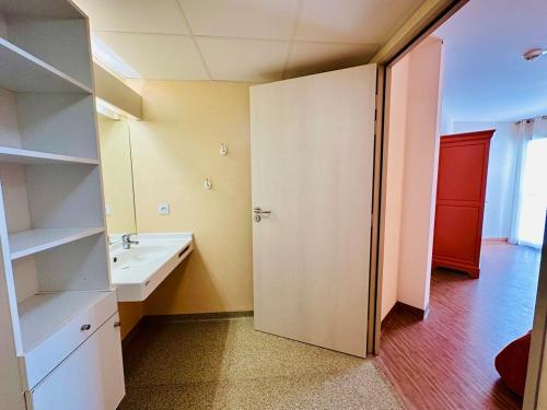 une salle de bains vide avec lavabo et miroir dans l'établissement T2 à proximité Grands Buffets, à Narbonne