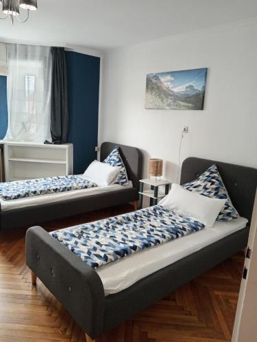 two beds in a room with blue walls at Ferienwohnung Allgäu 2 in Memmingen