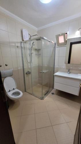 a bathroom with a shower and a toilet and a sink at Akın Turunç Pansiyon in Marmaris