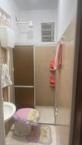 a small bathroom with a shower and a sink at Apartamento no centro in Jequié