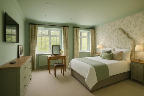 a bedroom with a bed and a desk with a television at Moorhill House Hotel in Burley