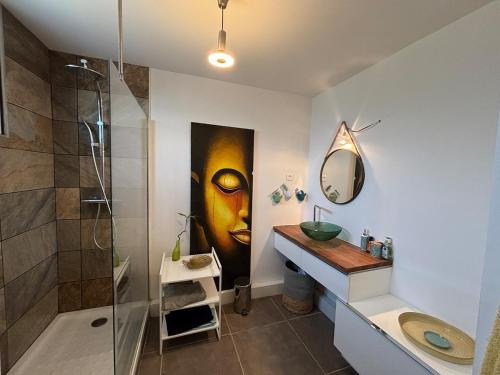 une salle de bain avec un lavabo, un miroir et une douche dans l'établissement Bottom of house plus terrace 37, à Six-Fours-les-Plages