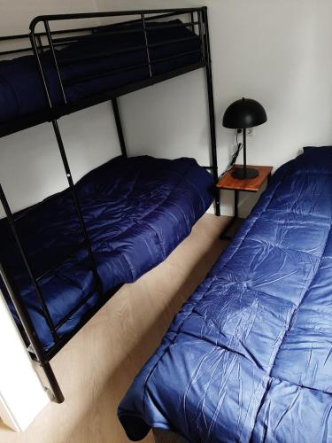 a bedroom with two bunk beds and a lamp at Boshuisje met hottub in Haarle