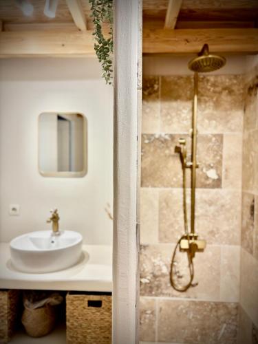 une salle de bain avec un lavabo et une douche dans l'établissement Gîte dans un domaine - La cave du vigneron - Uzès - 10 personnes, à Baron