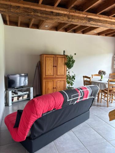 - un canapé dans le salon avec une couverture rouge dans l'établissement La grange de la vallée, à Hamars