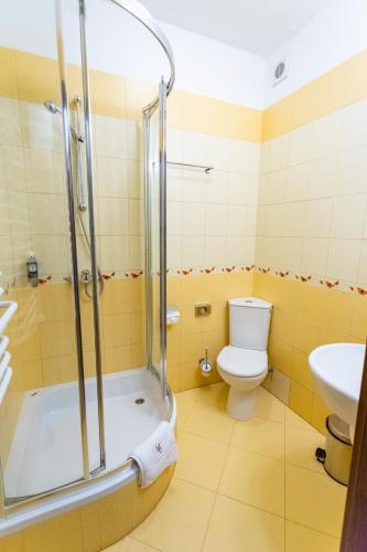 a bathroom with a shower and a toilet and a sink at Hotel Trzy Podkowy in Biskupiec
