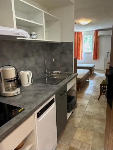 Kuchyň nebo kuchyňský kout v ubytování Apart'Hôtel Les 4 Sources