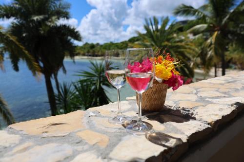 two glasses of wine and a basket of flowers on a table at East End Antigua Boutique Hotel in Willikies