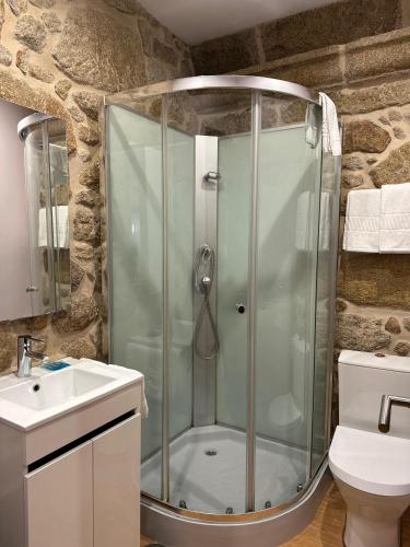 a bathroom with a shower and a toilet and a sink at Alojamento Central in Chaves