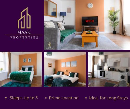 a collage of four pictures of a living room at Stay Central - 2BR Apartment Near Beach & City Highlights in Minehead