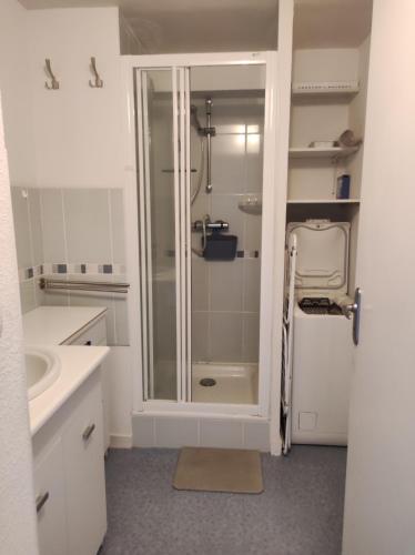 une salle de bain blanche avec une douche et un lavabo dans l'établissement Au pied des piste T4 51m2 avec garage Le Pavin, à Besse-et-Saint-Anastaise