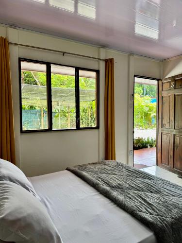 a bedroom with a large bed and two windows at Cabinas Caribe Azul in Cocles