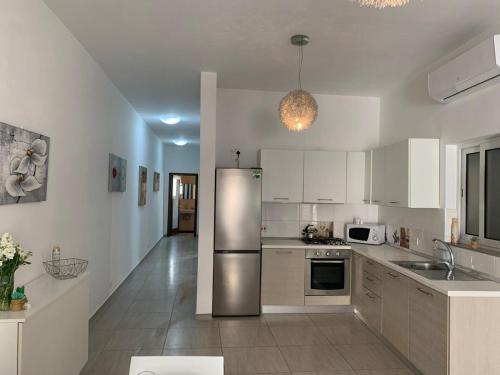 una cocina con nevera de acero inoxidable. en Spacious Apartment in Downtown City, en Il-Gżira