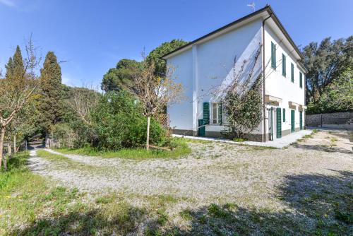 a white house with green windows and a gravel driveway at Cesarina Trilo in Marciana