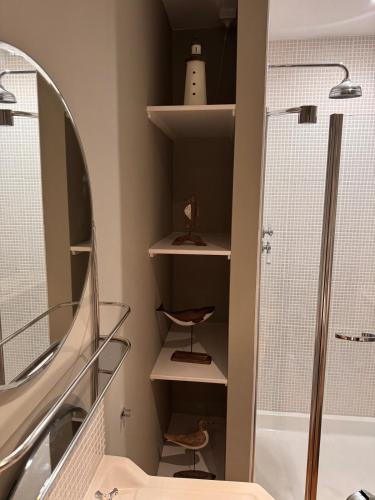 a bathroom with a shower and a sink and a mirror at Saviours View in Dartmouth