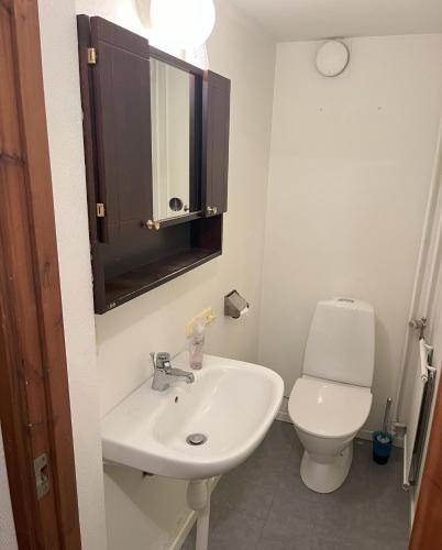 a bathroom with a white sink and a toilet at Källarlägenhet - Enkelt boende in Båstad