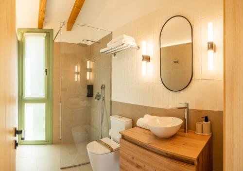 a bathroom with a sink and a toilet and a mirror at Cabañas Ribeira Sacra in Parada del Sil