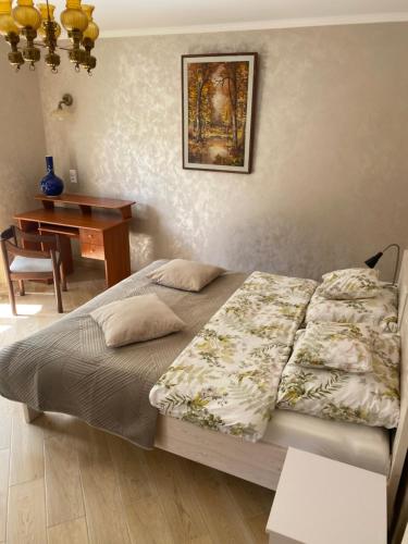 a bedroom with a bed and a desk and a desk at Pokoje gościnne Orlovo DT in Gdynia