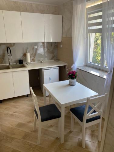 a kitchen with a white table and chairs and a sink at Pokoje gościnne Orlovo DT in Gdynia