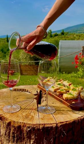 a person pouring wine into two wine glasses on a table at Le Botti Fiorentine in Reggello