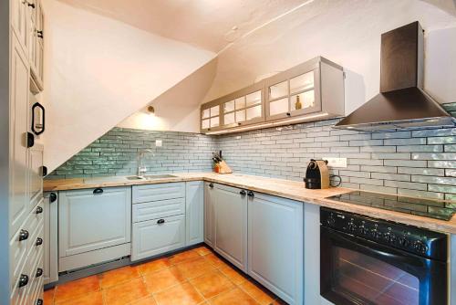 a kitchen with blue cabinets and a stove at Can Cruanyes in Sales del Llierca