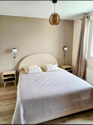 une chambre avec un lit blanc avec deux oreillers dans l'établissement L'Acacia T2 tout confort avec clim WiFi vue tram, à Grenoble