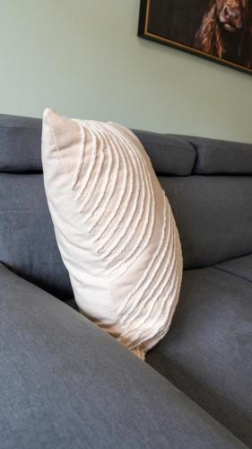a pillow sitting on top of a couch at Tummel Place in Grangemouth