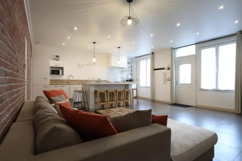 un salon avec un canapé et une cuisine dans l'établissement Lenoir magnifique maison 8 pers avec terrasse, à Reims