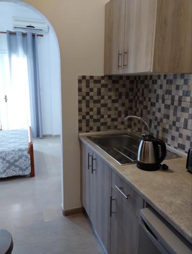 a kitchen with a sink and a room with a bed at Nikos Apartments 3 in Kavos