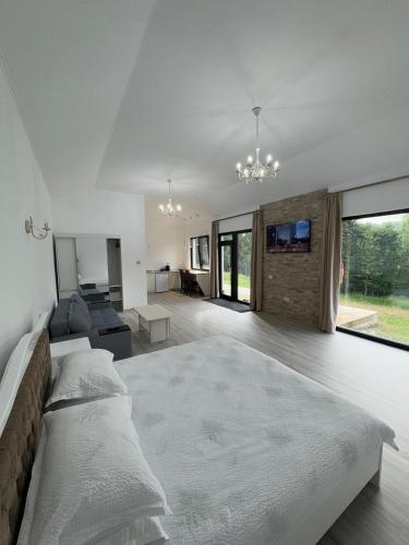a bedroom with a bed and a living room at Mountain House Transalpina in Novaci-Străini