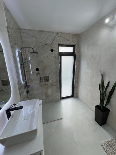a white bathroom with a sink and a shower at Mountain House Transalpina in Novaci-Străini