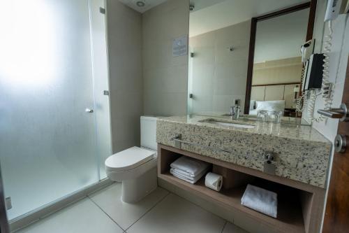 a bathroom with a sink and a toilet and a mirror at abba Presidente Suites Santiago in Santiago