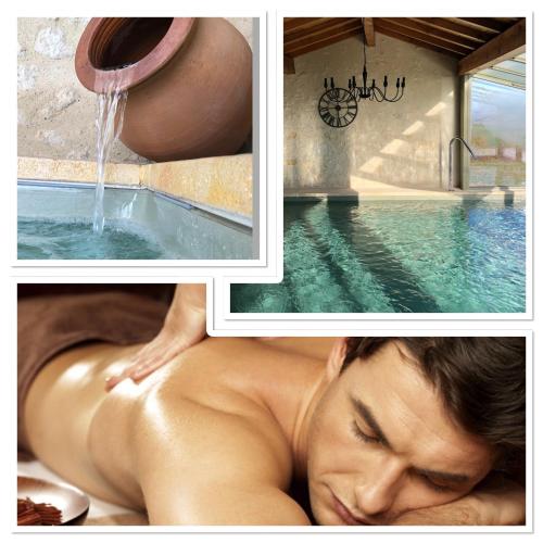 a collage of pictures of a man in a swimming pool at Domaine Léa Chanflaur - Spa - Le moulin de la jalousie in Terraube