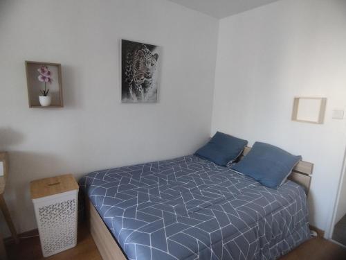 - une chambre avec un lit bleu et 2 oreillers bleus dans l'établissement Au calme, proche de Perpignan et des plages, à Perpignan