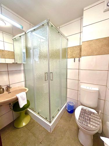 a bathroom with a shower and a toilet and a sink at Parkhotel Sonne in Schönau im Schwarzwald