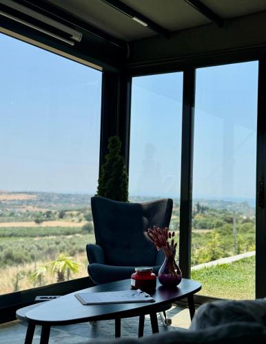 a living room with a chair and a coffee table at Spemaré Residence Halkidiki in Nea Kalikratia