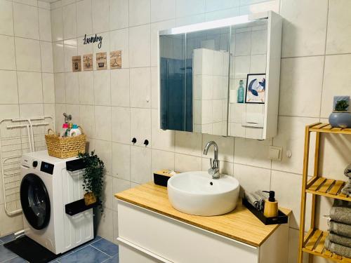 a bathroom with a sink and a washing machine at Ferienwohnung in Moosburg 