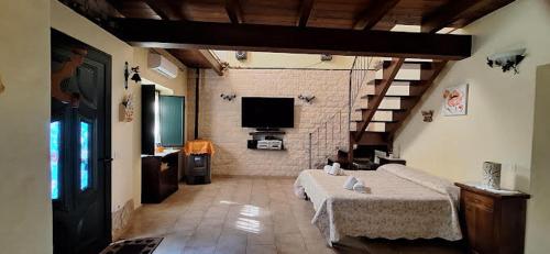 a large room with a bed and a tv in it at La Rondine in Villamassargia