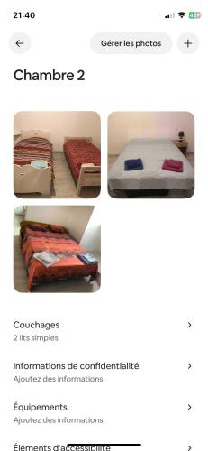 trois photos d'un lit avec différents types de couvertures dans l'établissement Chambres 24h du mans, à Saint-Gervais en-Belin