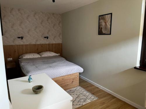 a small room with a bed and a table at Apartamenty Rubikon in Kraków